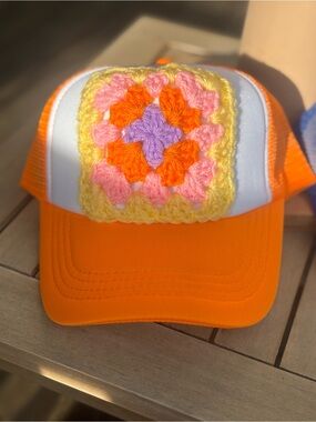 Orange Trucker Hat with Crochet Patch